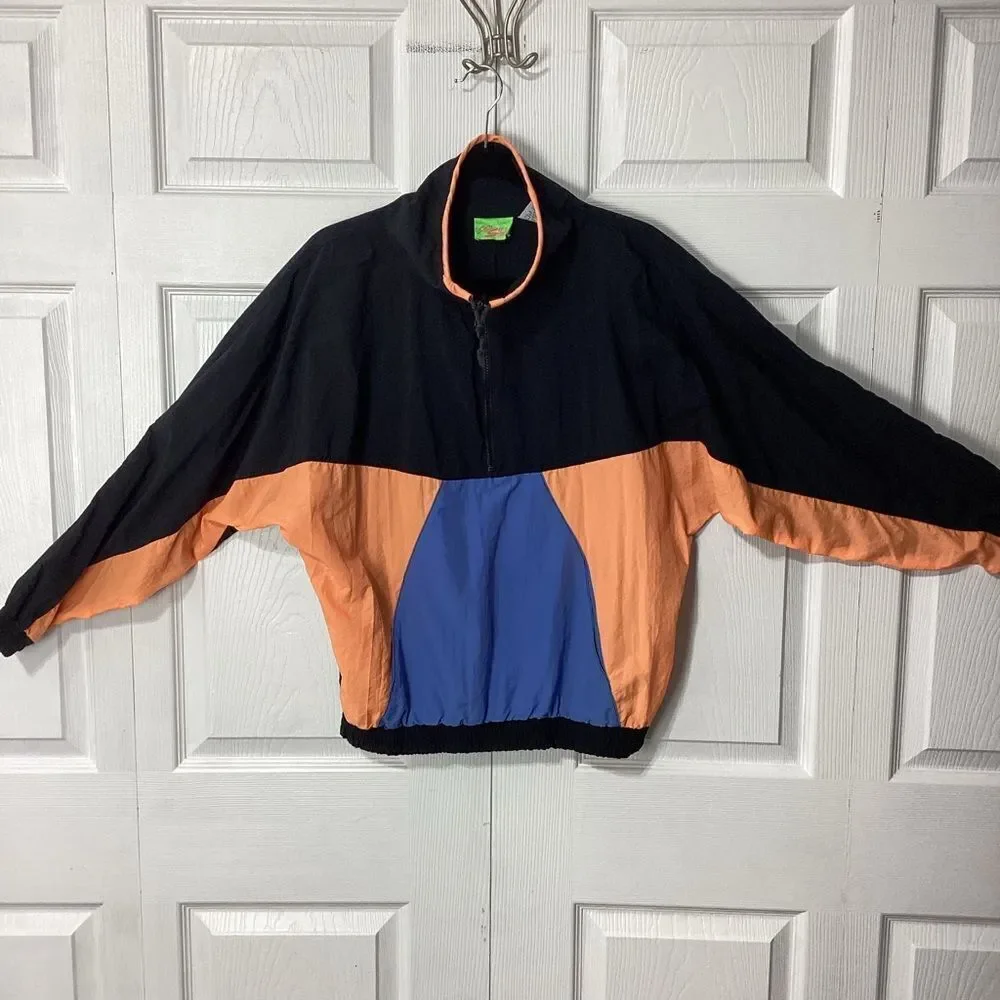 Shell Shock Brand Vintage Nylon Jacket Pullover Wing Arms Neon Orange